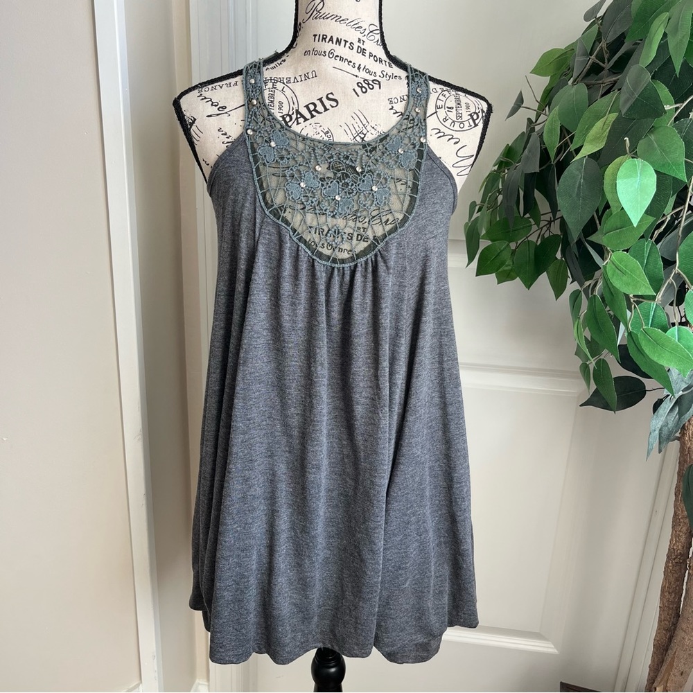 David Kahn Tunic Mesh Neckline Sleeveless Tank Top Gray Sz S